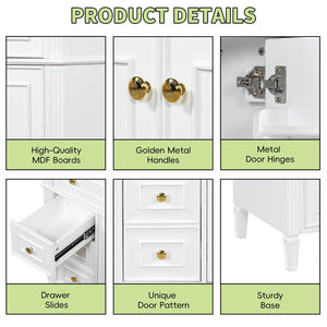 English Elm 36 Inch Bathroom Vanity with Ceramic Sink Solid Pine Gold Hardware Modern Freestanding White N725S366468K