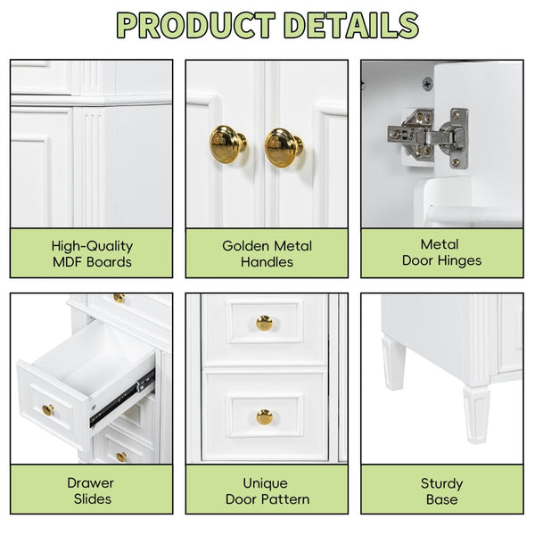 English Elm 36 Inch Bathroom Vanity with Ceramic Sink Solid Pine Gold Hardware Modern Freestanding White N725S366468K