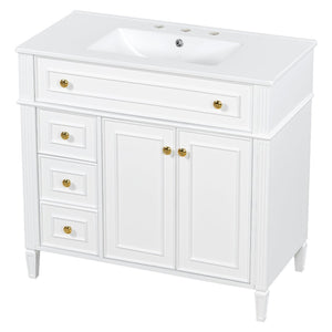 English Elm 36 Inch Bathroom Vanity with Ceramic Sink Solid Pine Gold Hardware Modern Freestanding White N725S366468K