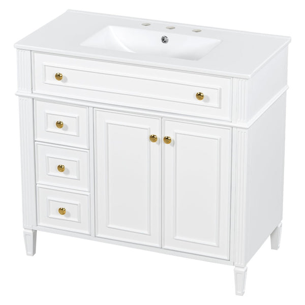 English Elm 36 Inch Bathroom Vanity with Ceramic Sink Solid Pine Gold Hardware Modern Freestanding White N725S366468K
