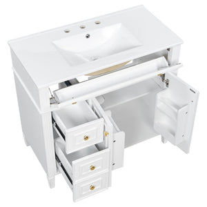 English Elm 36 Inch Bathroom Vanity with Ceramic Sink Solid Pine Gold Hardware Modern Freestanding White N725S366468K