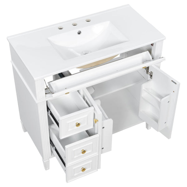 English Elm 36 Inch Bathroom Vanity with Ceramic Sink Solid Pine Gold Hardware Modern Freestanding White N725S366468K