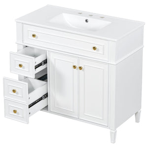 English Elm 36 Inch Bathroom Vanity with Ceramic Sink Solid Pine Gold Hardware Modern Freestanding White N725S366468K