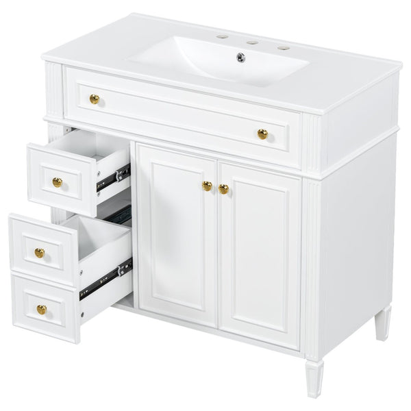 English Elm 36 Inch Bathroom Vanity with Ceramic Sink Solid Pine Gold Hardware Modern Freestanding White N725S366468K