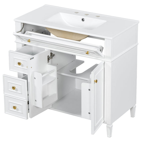 English Elm 36 Inch Bathroom Vanity with Ceramic Sink Solid Pine Gold Hardware Modern Freestanding White N725S366468K
