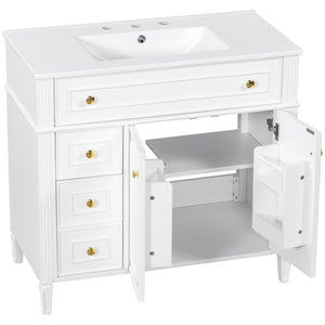English Elm 36 Inch Bathroom Vanity with Ceramic Sink Solid Pine Gold Hardware Modern Freestanding White N725S366468K