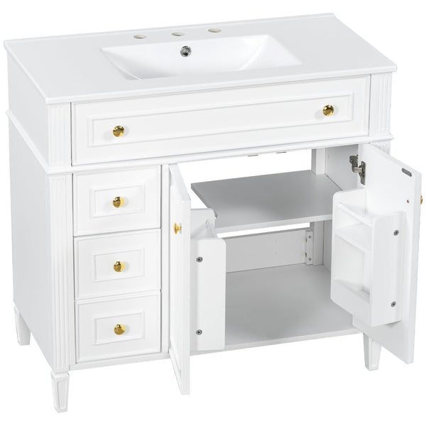 English Elm 36 Inch Bathroom Vanity with Ceramic Sink Solid Pine Gold Hardware Modern Freestanding White N725S366468K