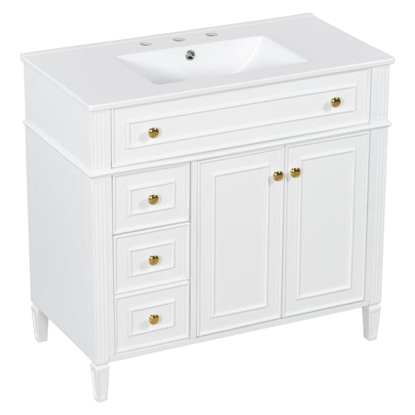 English Elm 36 Inch Bathroom Vanity with Ceramic Sink Solid Pine Gold Hardware Modern Freestanding White N725S366468K