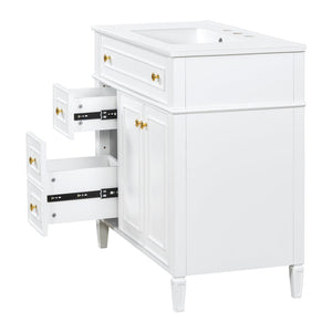 English Elm 36 Inch Bathroom Vanity with Ceramic Sink Solid Pine Gold Hardware Modern Freestanding White N725S366468K