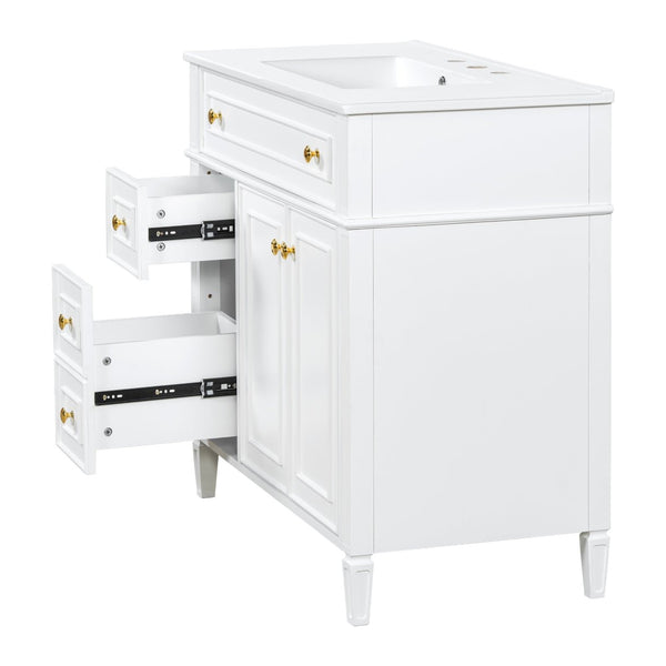 English Elm 36 Inch Bathroom Vanity with Ceramic Sink Solid Pine Gold Hardware Modern Freestanding White N725S366468K