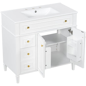 English Elm 36 Inch Bathroom Vanity with Ceramic Sink Solid Pine Gold Hardware Modern Freestanding White N725S366468K