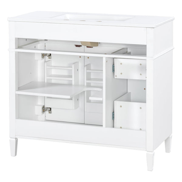 English Elm 36 Inch Bathroom Vanity with Ceramic Sink Solid Pine Gold Hardware Modern Freestanding White N725S366468K