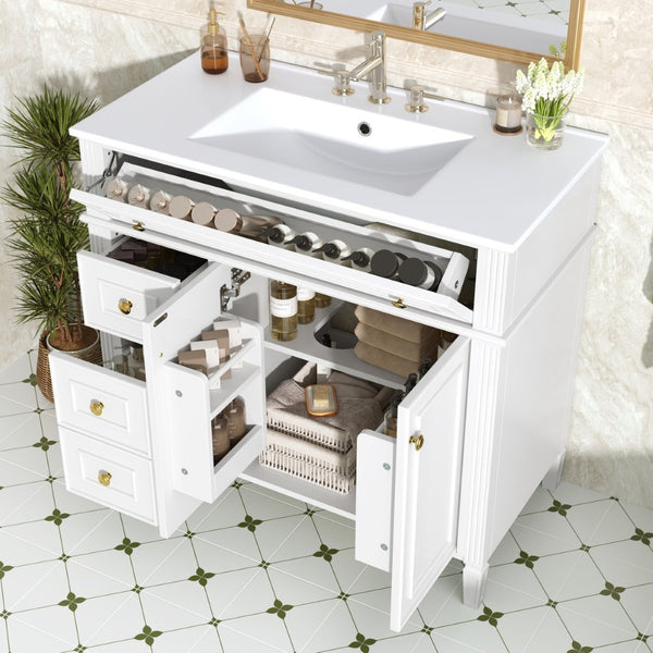 English Elm 36 Inch Bathroom Vanity with Ceramic Sink Solid Pine Gold Hardware Modern Freestanding White N725S366468K