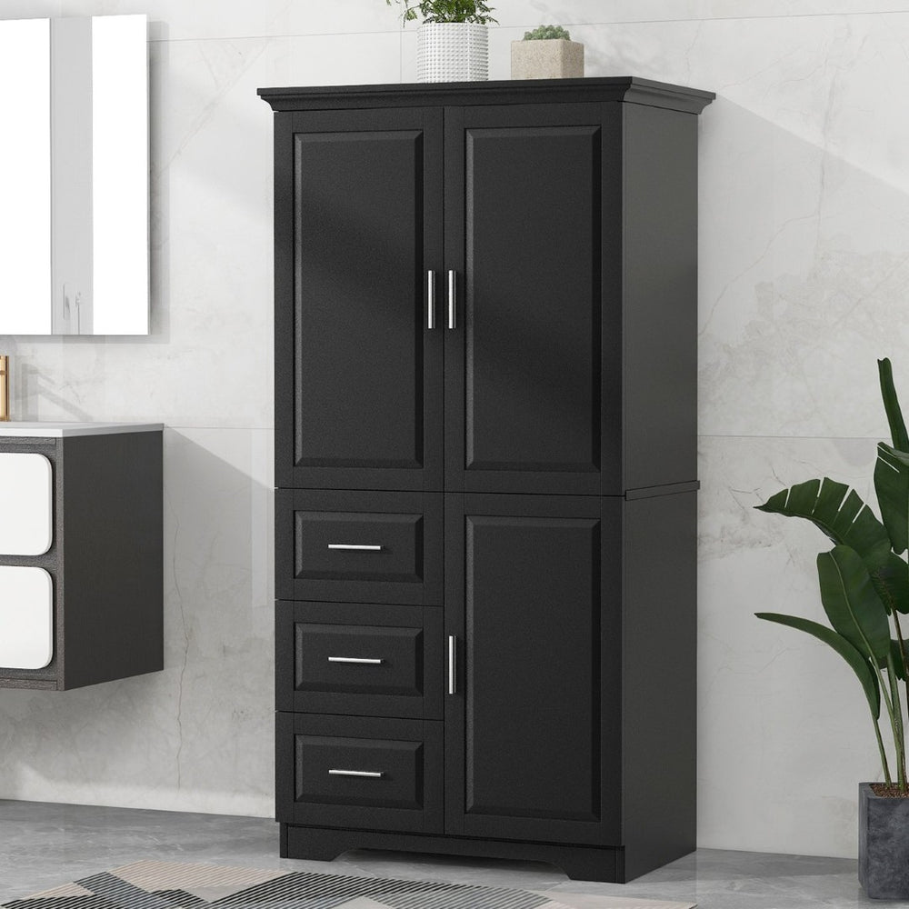 English Elm Tall Wide Mdf Storage Cabinet with Doors and Three Drawers for Bathroom or Office Black N725S412541B