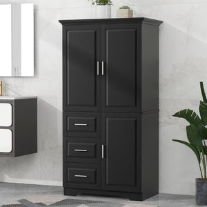 English Elm Tall Wide Mdf Storage Cabinet with Doors and Three Drawers for Bathroom or Office Black N725S412541B