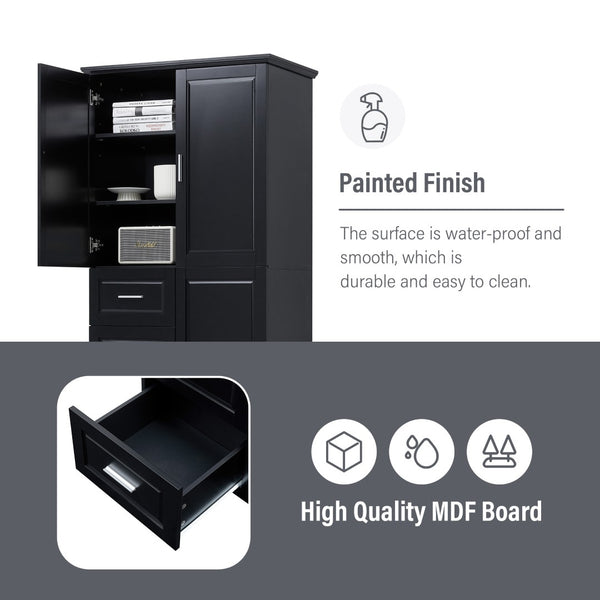 English Elm Tall Wide Mdf Storage Cabinet with Doors and Three Drawers for Bathroom or Office Black N725S412541B