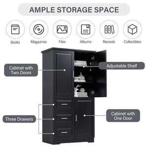 English Elm Tall Wide Mdf Storage Cabinet with Doors and Three Drawers for Bathroom or Office Black N725S412541B