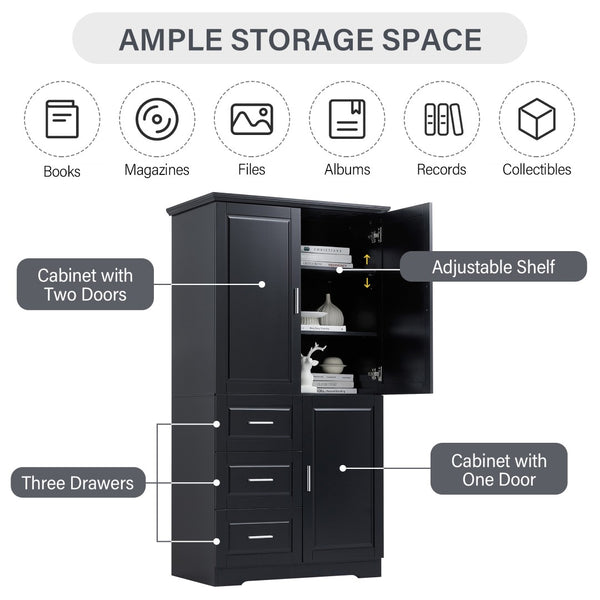 English Elm Tall Wide Mdf Storage Cabinet with Doors and Three Drawers for Bathroom or Office Black N725S412541B