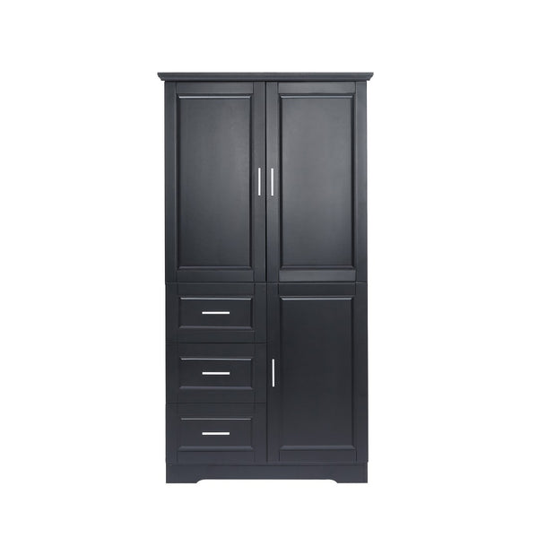 English Elm Tall Wide Mdf Storage Cabinet with Doors and Three Drawers for Bathroom or Office Black N725S412541B