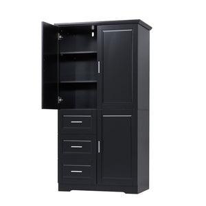English Elm Tall Wide Mdf Storage Cabinet with Doors and Three Drawers for Bathroom or Office Black N725S412541B