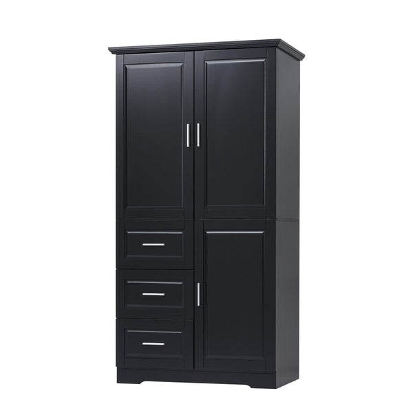 English Elm Tall Wide Mdf Storage Cabinet with Doors and Three Drawers for Bathroom or Office Black N725S412541B
