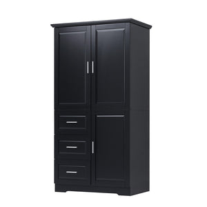 English Elm Tall Wide Mdf Storage Cabinet with Doors and Three Drawers for Bathroom or Office Black N725S412541B