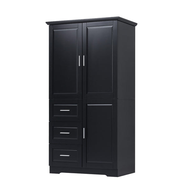 English Elm Tall Wide Mdf Storage Cabinet with Doors and Three Drawers for Bathroom or Office Black N725S412541B