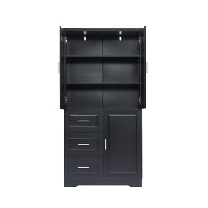 English Elm Tall Wide Mdf Storage Cabinet with Doors and Three Drawers for Bathroom or Office Black N725S412541B