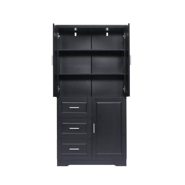 English Elm Tall Wide Mdf Storage Cabinet with Doors and Three Drawers for Bathroom or Office Black N725S412541B
