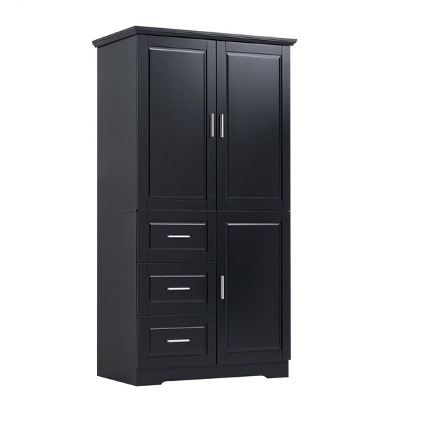 English Elm Tall Wide Mdf Storage Cabinet with Doors and Three Drawers for Bathroom or Office Black N725S412541B