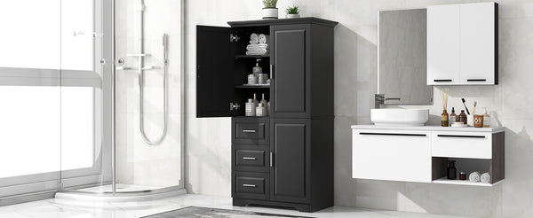 English Elm Tall Wide Mdf Storage Cabinet with Doors and Three Drawers for Bathroom or Office Black N725S412541B