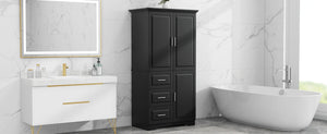 English Elm Tall Wide Mdf Storage Cabinet with Doors and Three Drawers for Bathroom or Office Black N725S412541B
