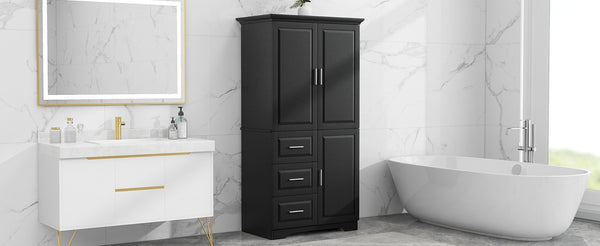 English Elm Tall Wide Mdf Storage Cabinet with Doors and Three Drawers for Bathroom or Office Black N725S412541B