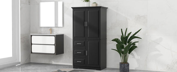 English Elm Tall Wide Mdf Storage Cabinet with Doors and Three Drawers for Bathroom or Office Black N725S412541B