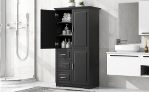 English Elm Tall Wide Mdf Storage Cabinet with Doors and Three Drawers for Bathroom or Office Black N725S412541B