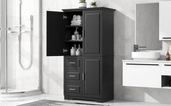 English Elm Tall Wide Mdf Storage Cabinet with Doors and Three Drawers for Bathroom or Office Black N725S412541B