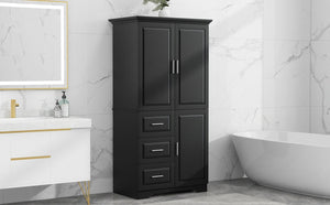 English Elm Tall Wide Mdf Storage Cabinet with Doors and Three Drawers for Bathroom or Office Black N725S412541B