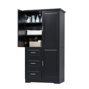 English Elm Tall Wide Mdf Storage Cabinet with Doors and Three Drawers for Bathroom or Office Black N725S412541B