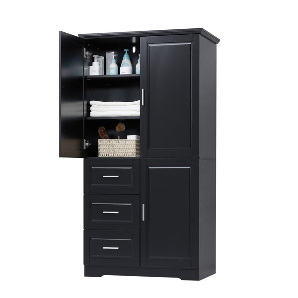 English Elm Tall Wide Mdf Storage Cabinet with Doors and Three Drawers for Bathroom or Office Black N725S412541B