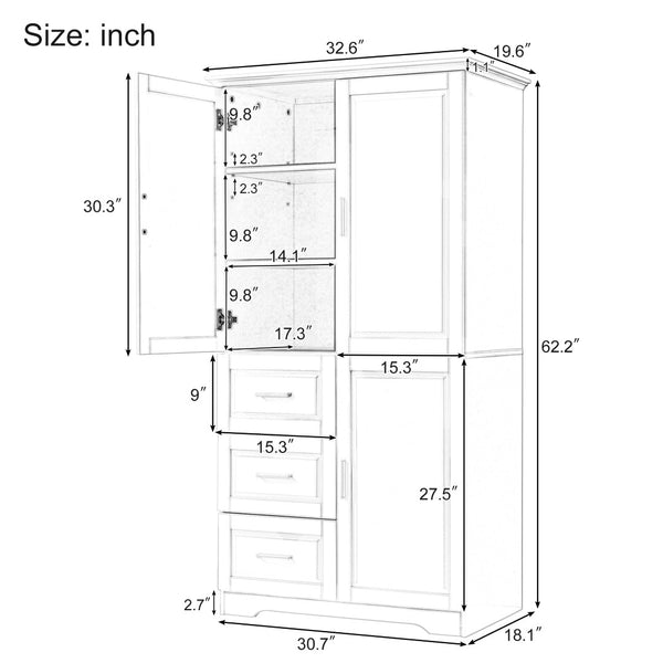 English Elm Tall Wide Mdf Storage Cabinet with Doors and Three Drawers for Bathroom or Office Grey N725S412541G