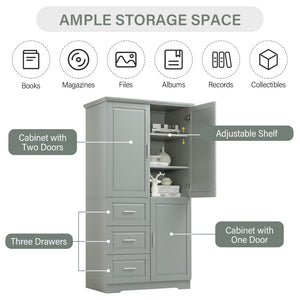 English Elm Tall Wide Mdf Storage Cabinet with Doors and Three Drawers for Bathroom or Office Grey N725S412541G