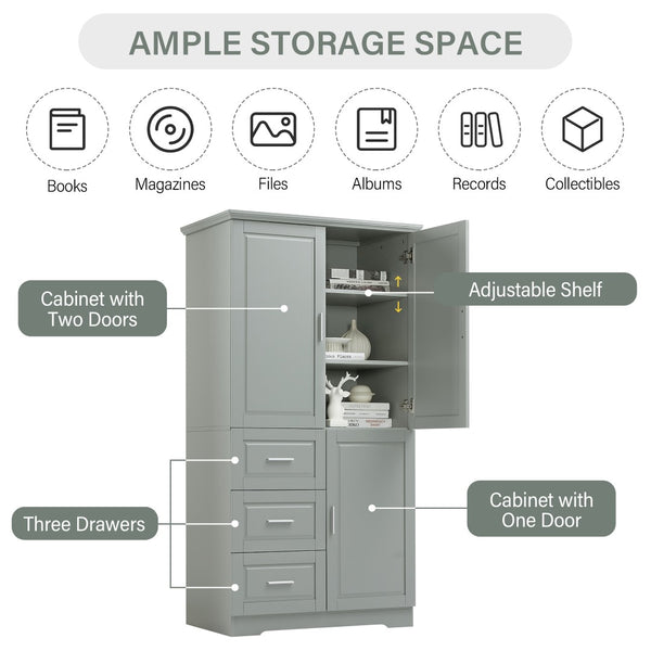 English Elm Tall Wide Mdf Storage Cabinet with Doors and Three Drawers for Bathroom or Office Grey N725S412541G