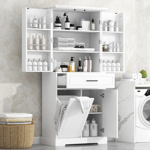 English Elm Freestanding Tall Bathroom Cabinet White Mdf with Hamper Drawer and Adjustable Shelf N725S417823K