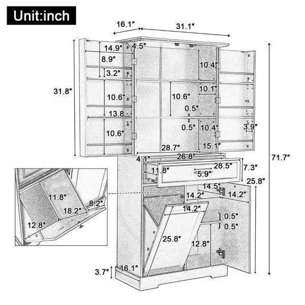 English Elm Freestanding Tall Bathroom Cabinet White Mdf with Hamper Drawer and Adjustable Shelf N725S417823K