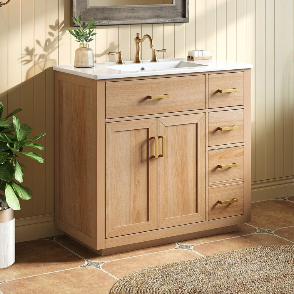 English Elm 36 Inch Bathroom Vanity Rubberwood Frame Ceramic Sink Soft Close Drawers Modern Bath N725S469777N