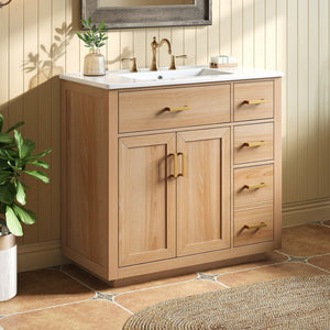 English Elm 36 Inch Bathroom Vanity Rubberwood Frame Ceramic Sink Soft Close Drawers Modern Bath N725S469777N