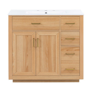English Elm 36 Inch Bathroom Vanity Rubberwood Frame Ceramic Sink Soft Close Drawers Modern Bath N725S469777N