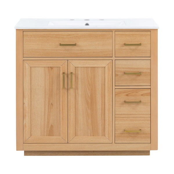 English Elm 36 Inch Bathroom Vanity Rubberwood Frame Ceramic Sink Soft Close Drawers Modern Bath N725S469777N