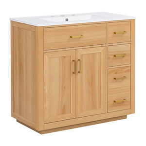 English Elm 36 Inch Bathroom Vanity Rubberwood Frame Ceramic Sink Soft Close Drawers Modern Bath N725S469777N