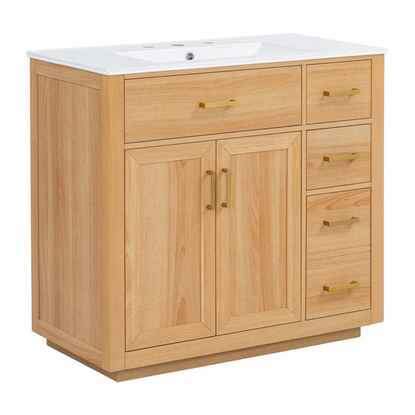 English Elm 36 Inch Bathroom Vanity Rubberwood Frame Ceramic Sink Soft Close Drawers Modern Bath N725S469777N